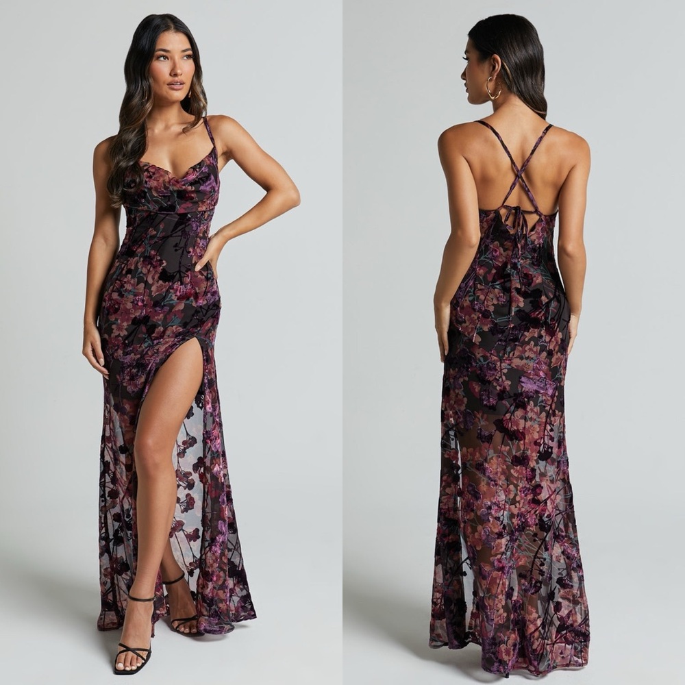 Showpo Dress 8 Maxi Cowl Neck Sheer Floral Burnout Adjustable Strappy Purple
